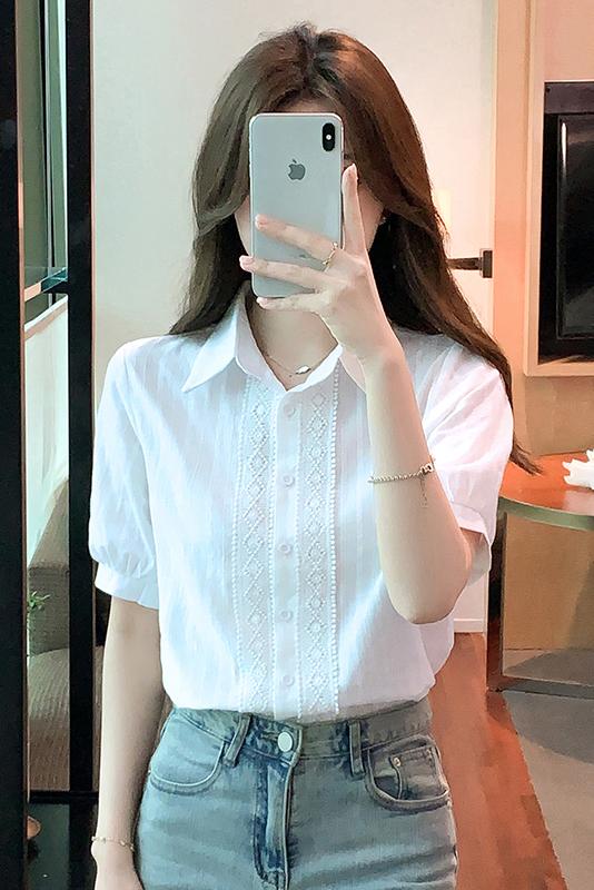 简约棉布衬衣夏季新款花边拼接基础款百搭休闲女短袖衬衫